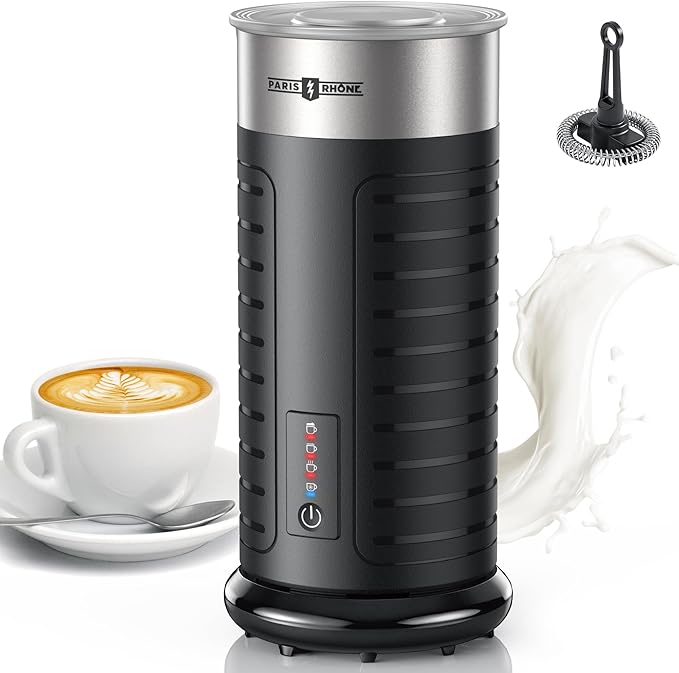 Stainless Steel Milk Frother, Waterproof & Fully Dishwasher Safe, 4 Modes for Hot/Cold Foam, Latte, Cappuccino, One-Touch Operation, Ergonomic Grip, Compact Coffee Maker