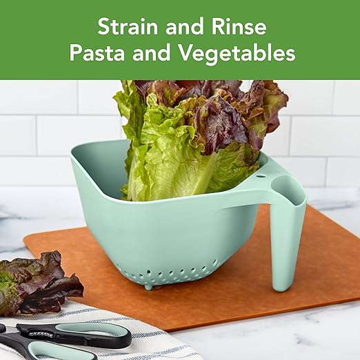 Tovolo Elements Square Colander with Handle Strainer Basket for Pasta Fruit Berries Veggies, Easy to Clean BPA Free Heat Resistant Plastic Colander with Spout 3 Quart Kitchen Strainer, Mint Green