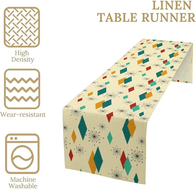 Mid Century Modern Table Runners Retro 50s 60s Minimalist Abstract Geometric for Dining Room Dinner Runner Kitchen Indoor Outdoor Patio Party Decor Fabric 1 Panel W13xL90in