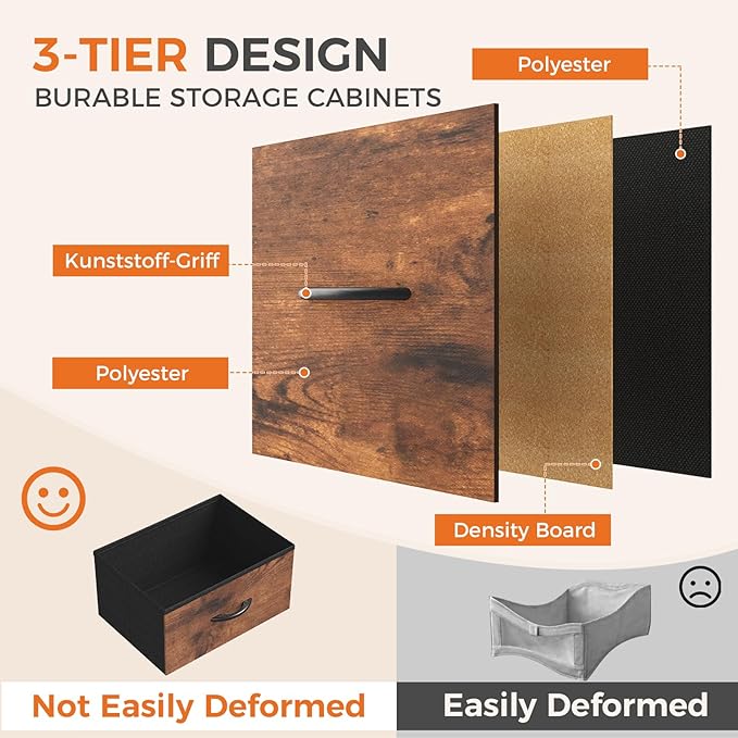 DUMOS Nightstand with 5 Drawers Bedside Table with Removable Fabric Bins Sturdy Steel Frame Wood Top Organizer Furniture for Bedroom Nursery Closet Living Room, Brown