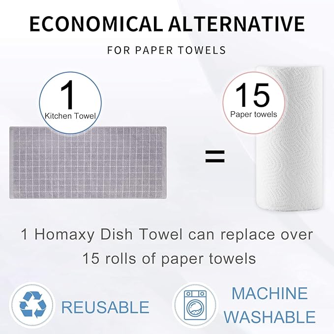 Homaxy Kitchen Towels and Dishcloths Set, 12 x 12 and 13 x 28 Inches, Set of 12 Bulk Cotton Terry Kitchen Towels Set, Checkered Designed, Soft and Super Absorbent Dish Towels, Light Grey