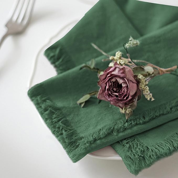 Handmade Cloth Napkins 100% Cotton Napkins with Fringe，Delicate Handmade Cloth Napkins for Dinners, Parties, Weddings and More，18 x 18 Inch Set of 6 - Green