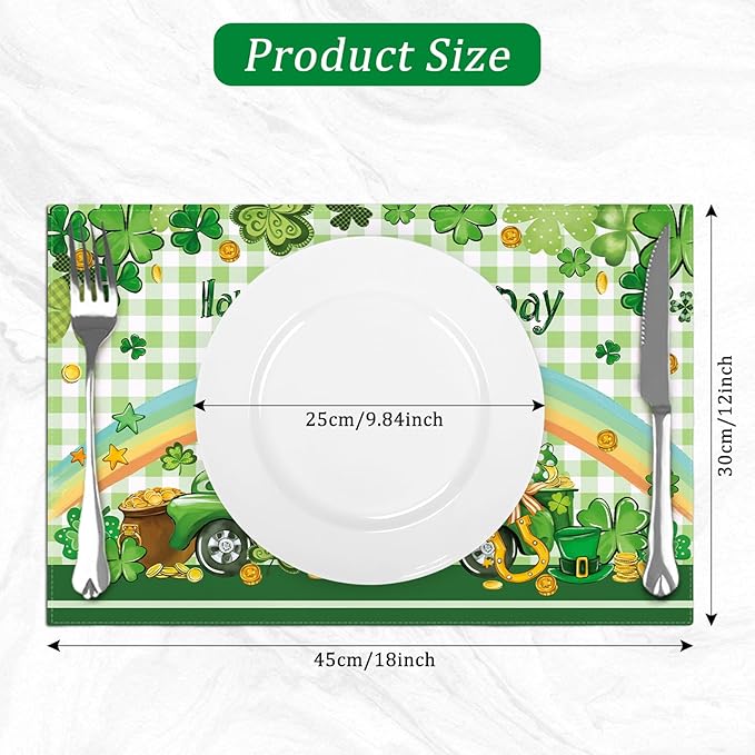 comfoyar St. Patrick's Day Placemats Set of 4, 12x18 Inch Non-Slip Linen Shamrock Lucky Clover Place Mats, Washable Absorbent Gnome Truck Coins Table Mats for Kitchen Dining Party Table Decoration