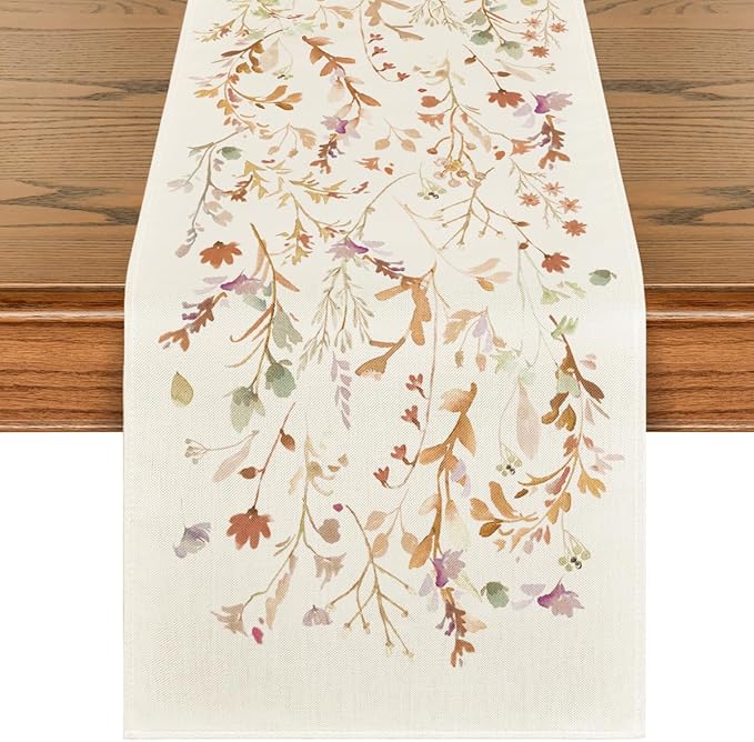 Artoid Mode Floral Leaves Fall Table Runner, Wild Flowers and Grasses Seasonal Autumn Kitchen Dining Table Decoration for Home Party Decor 13x120 Inch