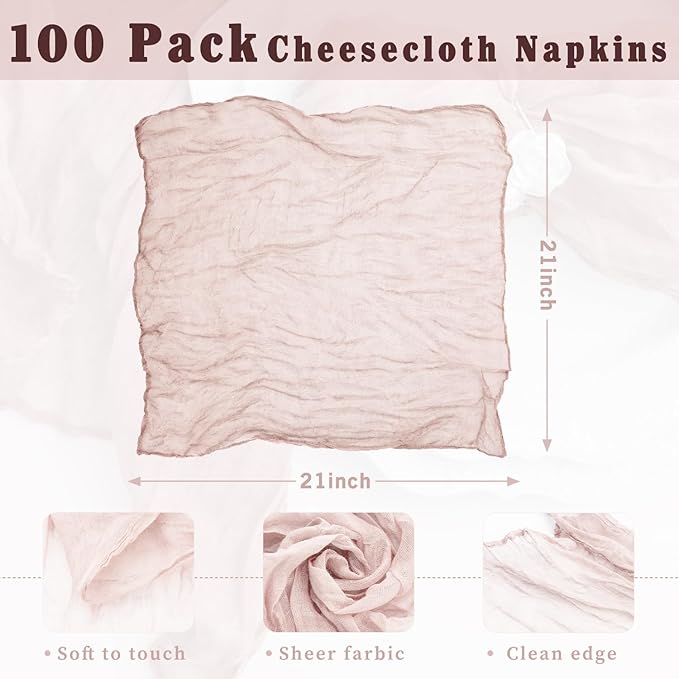 100 Pack Dusty Pink Cloth Napkins 21x21 Inches Dusty Pink Cheesecloth Napkins Set of 100 Washable Dinner Table Napkins for Wedding Bridal Baby Shower Party Rustic Boho Cotton Gauze Party Table Decor