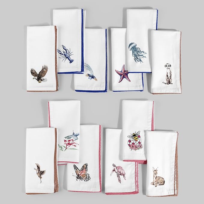 FINGERCRAFT Cloth Napkins, Set of 12 Cotton Linen Blend Printed Dinner Napkins Cloth Mitered Corner Perfect for Parties Dinners Weddings Cocktail Christmas Easter 20x20 Multi Animal Print