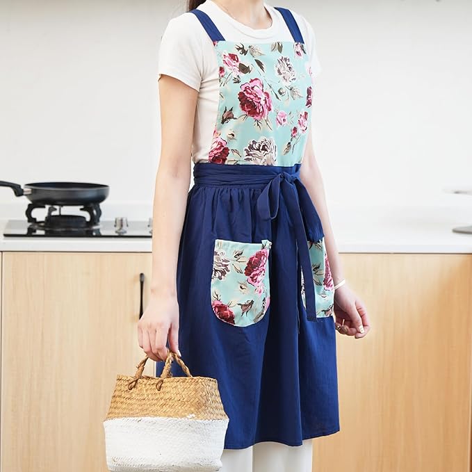 Pinknoke Vintage Pinafore Apron Dress for Women with Pockets Cute Floral Chef Aprons for Kitchen Cooking Baking Gardening