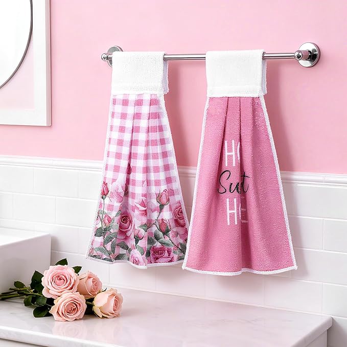Tegeme 6 Pcs Hanging Kitchen Towels with Loop, Absorbent Hand Tie Towels Microfiber Decorative Fast Drying Kitchen Hanging Towel for Home Bathroom(Pink Rose)
