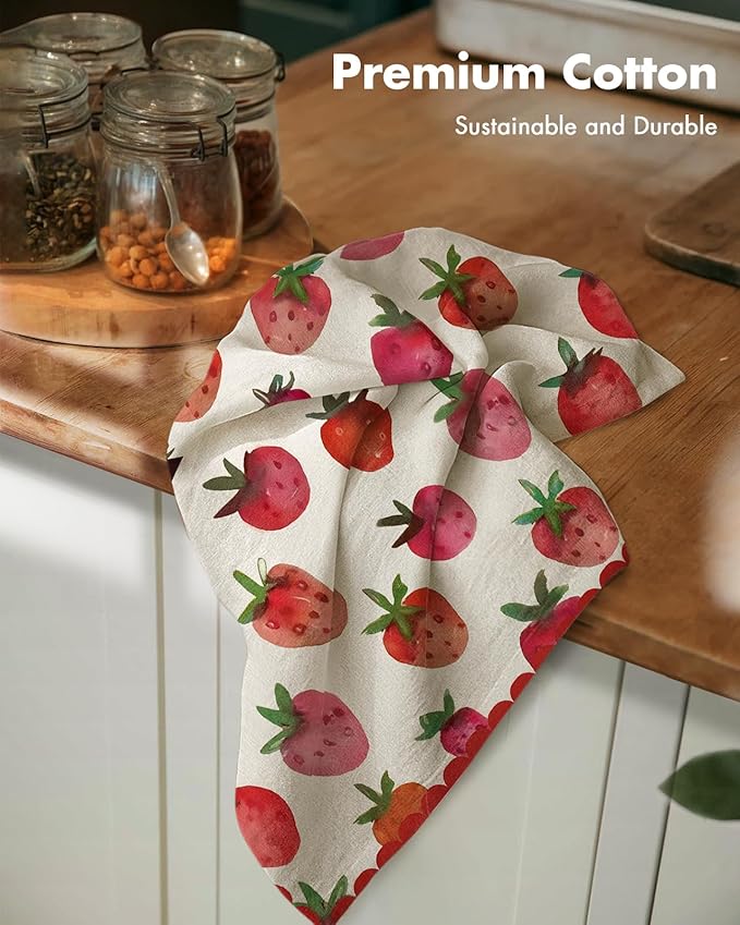 Miss Adola Flour Sack Kitchen Towels - Set of 2 Cotton Dish Towels with Hanging Loop Decorative 18x26 Inch Absorbent Cute Design for Housewarming Gifts, Strawberry