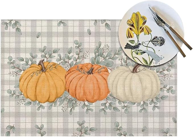 Fall Pumpkin Placemats 12x18 Set of 4, Orange White Pumpkin Buffalo Plaid Table Place Mat Autumn Watercolor Harvest Washable Table Mats Decorative Linen Fabric Table Mat for Dining Table