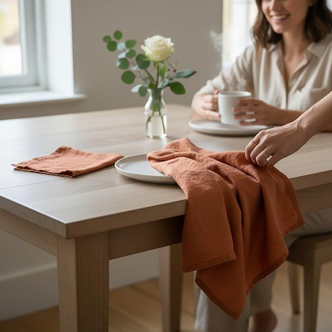 Linen Kitchen Dish Towels – 20” x 27” – 100% Pure Stonewashed Linen Hemstitch Hand Towel/Tea Towel - Set of 2 (Rustic Orange)