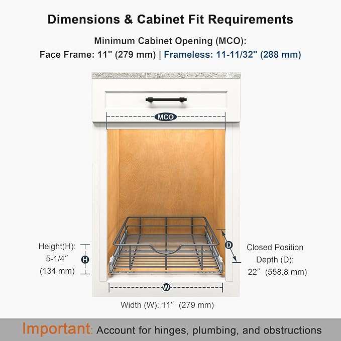 Pull Out Shelves - 11" W x 22" D Soft Close Pull Out Cabinet Organizer 1 Tier - Sliding Shelves with Shelf Liner - Heavy Duty Steel Wire Drawers for Kitchen Cabinets, Pantry, Bathroom