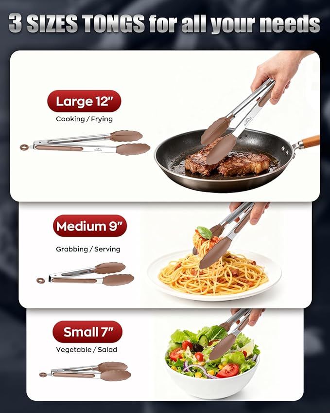 600ºF Heat Resistant Kitchen Tongs, Premium Locking Cooking Tongs with Silicone Tips, Non-Slip Food Tongs for Cooking, Non-Stick, Heavy Duty Stainless Steel Handle, Set of 3-7" 9" and 12" Mud color