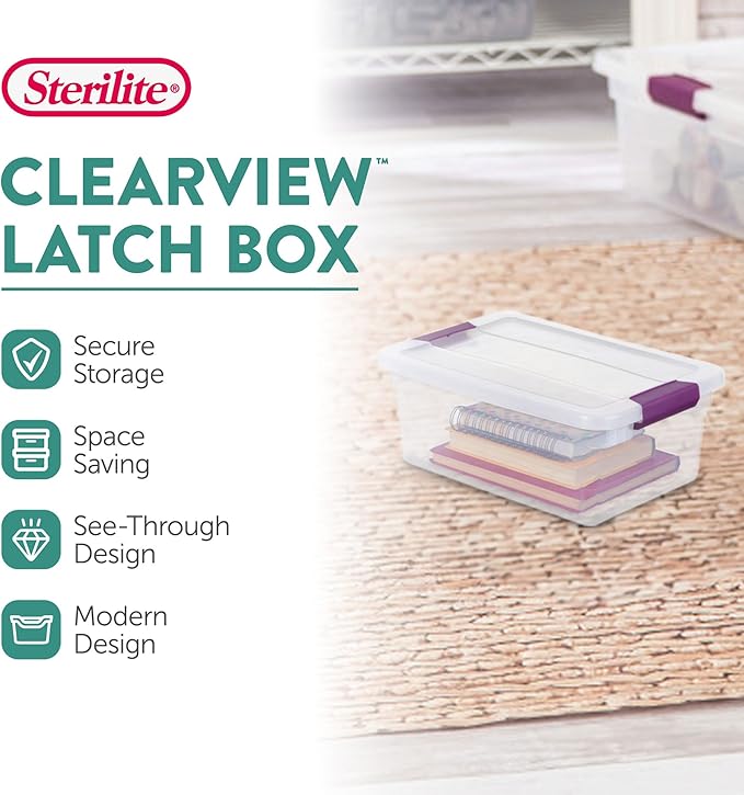 Sterilite 6 Qt ClearView Latch Box, Stackable Storage Bin with Latching Lid, Organize Clothes, Shoes in a Closet, Clear Base and Lid, 12-Pack
