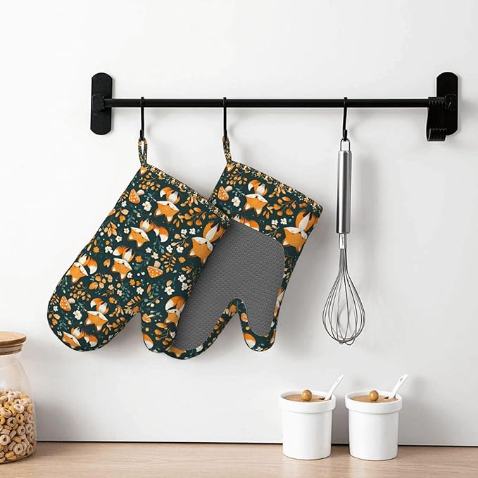 Forest Fox Silicone Oven Mitts Set of 2, Heat Resistant up to 500°F, Kitchen Oven Gloves with Non-Slip Grip and Soft Cotton Lining for Baking, Cooking and BBQ