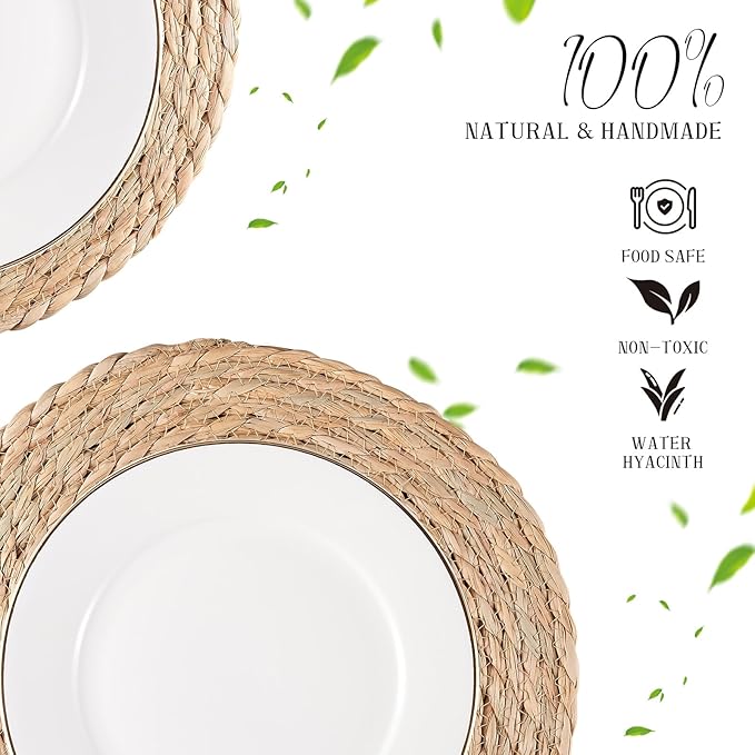 Round Woven Placemats Set of 4, Natural Water Hyacinth Place mats, 13.5 inch Rattan Placemats Wicker Placemats Farmhouse Boho Braided Heat Resistant Outdoor Placemat Patio Table Place Mats