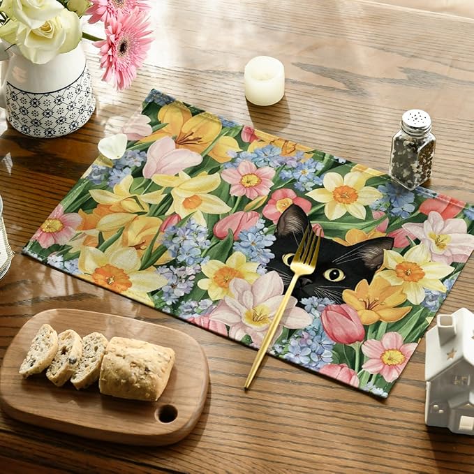 Artoid Mode Tulip Flowers Cat Spring Placemats Set of 4, 12x18 Inch Seasonal Summer Holiday Table Mats for Party Kitchen Dining Decoration