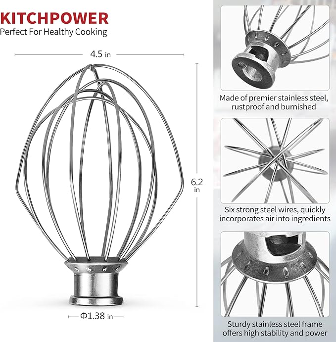 KITCHPOWER K45WW Wire Whip Attachment for Tilt-Head Stand Mixer for KitchenAid Stainless Steel Egg Cream Stirrer, Flour Cake Balloon Whisk