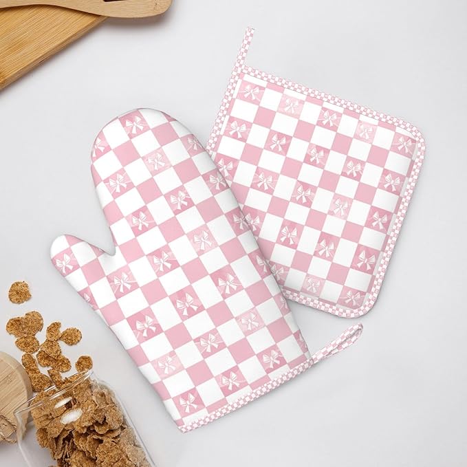Oven Mitts and Pot Holders Pink Check Bow Pattern Silicone Kitchen Accessories Set of 2 Heat Resistant Long Gloves Potholder Non-Slip Grip for Chef Cooking Baking Grilling BBQ