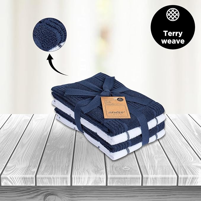 AMOUR INFINI Kitchen Towels Pack of 4, Terry Cotton Dish Towels, Ultra Absorbent, Quick Drying Hand & Tea Towels, Soft Durable Cleaning Cloths with Hanging Loop, 16 x 26 Inch (Navy/Blue)