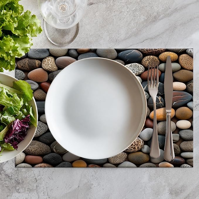 Batmerry Pebbles Various Textures Placemats, Assorted Smooth Stones Washable Linen Table Mats for Kitchen Table Double Insulation Decor Dining Set Indoor Outdoor 12X18 in Set of 8
