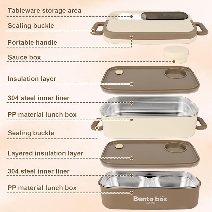 Suteng Double-Layer Bento Box Adult All-in-One Design | 1.4L Stainless Steel Lunch Containers for Adults | Leakproof Microwave-Safe Food Container with Cutlery(Spoon) & Hidden Handle | Brown
