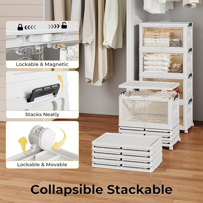 OlarHike 23QT Stackable Lockable Storage Bins with Lid - Removable Storage Box with Doors and Wheels, Plastic Containers for Closets and Organization, Living Room, Office, Bathroom, 4 Pack Cubes
