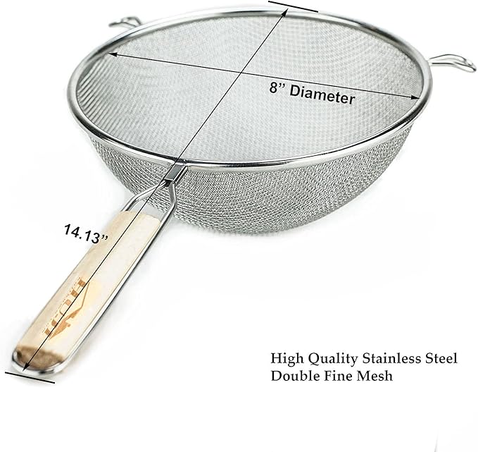Huji Stainless Steel Fine 8" Double Mesh Food Strainer Colander Sieve Sifter with Wooden Handle for Kitchen Rice Pasta Noodles (2 Pack)