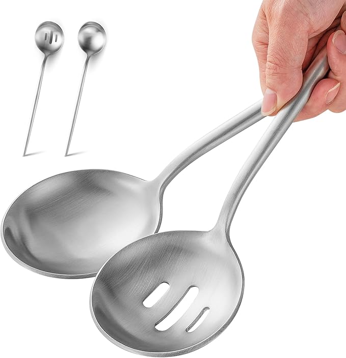 O.C.E. 4 Pieces Serving Spoons Set, 10.3-Inch Large Serving Spoon, Including 2 Spoon and 2 Slotted Spoons, Stainless Steel Flatware Serving Set, for Buffet, Banquet or Gift, Matte Silver