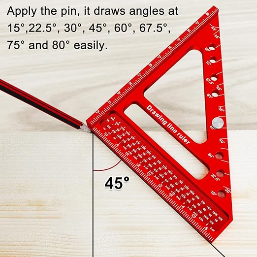 Large Carpenter Square 6.5''x5.79''Protractor Ruler with 3D Multi-Angle Measuring and Scribing Features with Anti-Lost Pin for Accurate Woodworking & Construction