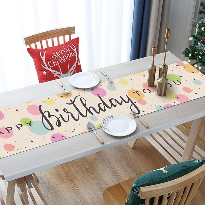 Happy Birthday Table Runner 13x72 Inch Colorful Circle Stars Farmhouse Polyester Linen Table Decoration for Kitchen Dinning, Indoor Outdoor Home Dinner Party (Rainbow)