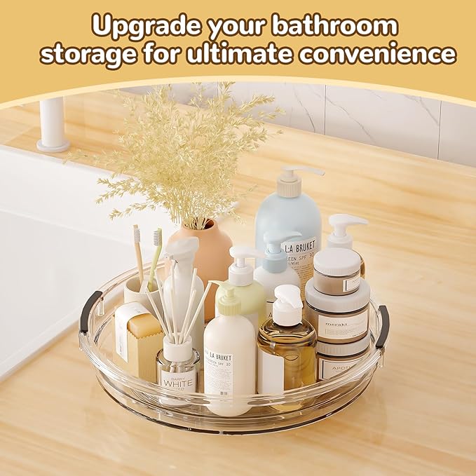 Clear Lazy Susan Organizer Turntable for Cabinet Table Top, 10.6 Inch 2 Pack 360 Rotating Spinning Makeup Organizer for Vanity, Kitchen Storage Rack Heavy-Duty Pantry Spices Tray Countertop Organizer
