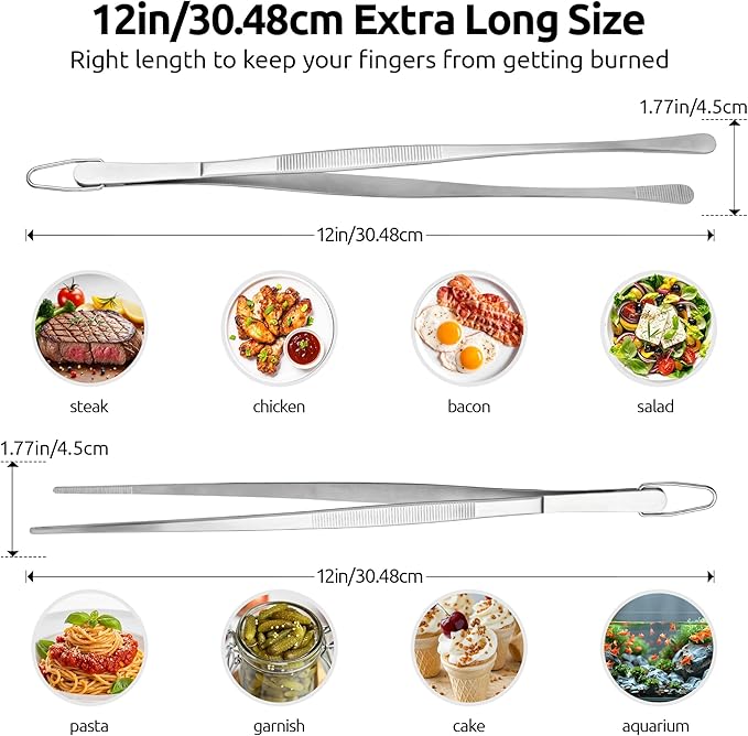 U-Taste 12" Kitchen Cooking Tweezer Set: 18/8 Stainless Steel Food-Grade Metal Food Tong, Flexible Pinching, Seamless-Welding, Sturdy and Non-Slip for Serving, Grilling, Frying (Round & Pointed Tip)