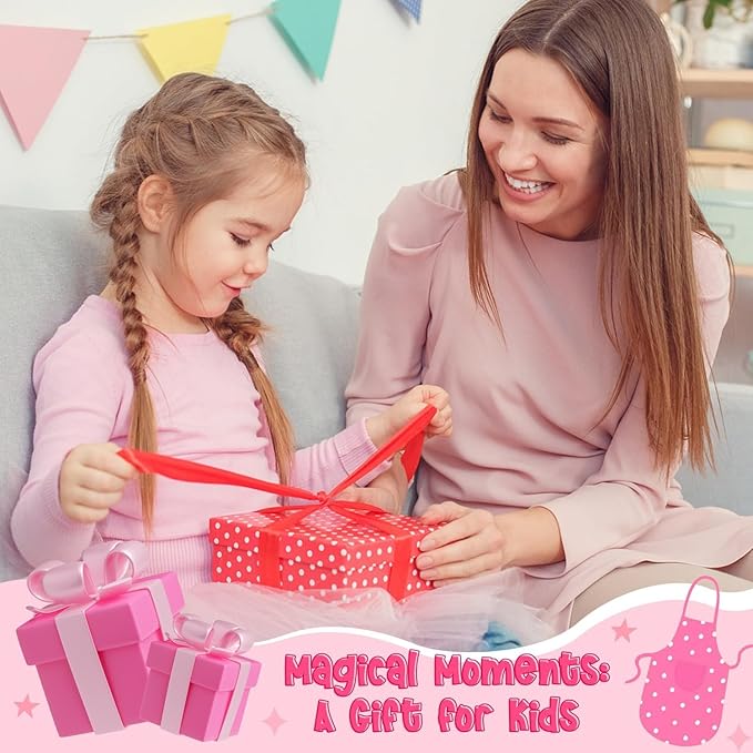 R HORSE Kid Apron and Chef Hat Set - 2Pcs Adjustable Children Pink Flower Kitchen Toddler Apron for Girls, Role Play Chef Toy Cooking Baking Painting and Training Kits Kid Funny Cooking Birthday Gift