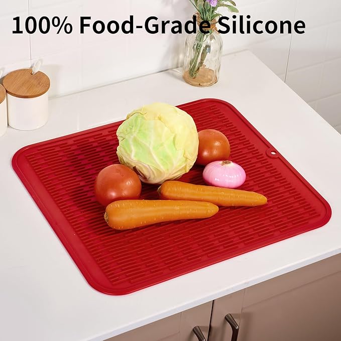 ZLR Large Silicone Dish Drying Mat (16" x 18") - XL Heavy Duty Drainboard Mat for Pots, Pans & Family Loads - Heat Resistant Trivet & Counter Protector, Easy Clean (Lava Red)
