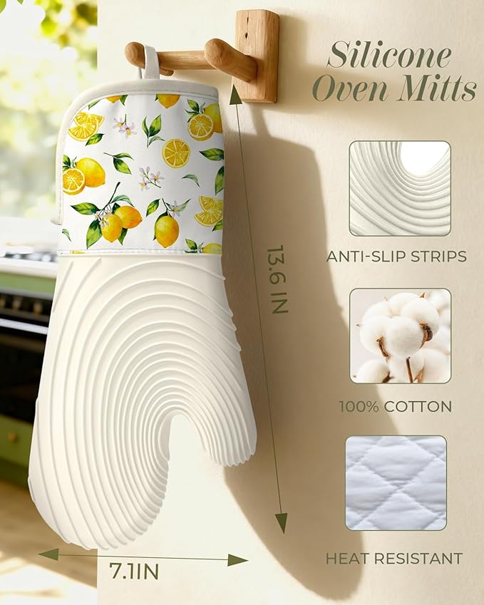 Slohif Long Silicone Oven Mitts Heat Resistant for Women - 2 Pcs Lemon 100% Cotton Oven Gloves, Non-Slip and Waterproof Silicone Oven Mitts with Hanger for Baking and Cooking