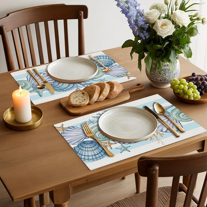 Sea Shell Starfish Beach Placemats Set of 4, 12x18 Inch Seasonal Spring Ocean Coastal Washable Linen Nautical Table Mats for Indoor Outdoor Party Kitchen Dining Decoration, wipeable placemats