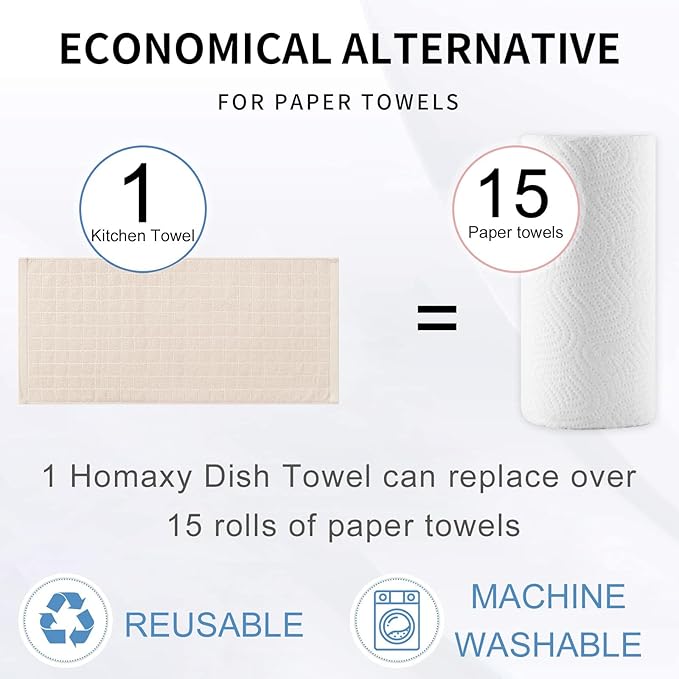 Homaxy 100% Cotton Terry Kitchen Towels(Beige, 13 x 28 inches), Checkered Designed, Soft and Super Absorbent Dish Towels, 2 Pack