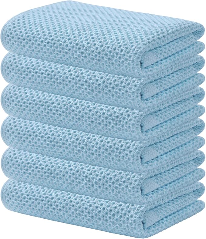 Kitinjoy 100% Cotton Waffle Weave Kitchen Hand Towels (13 X 28 Inches, Sky Blue), 6-Pack Super Soft and Absorbent Dish Towel for Drying Dishes