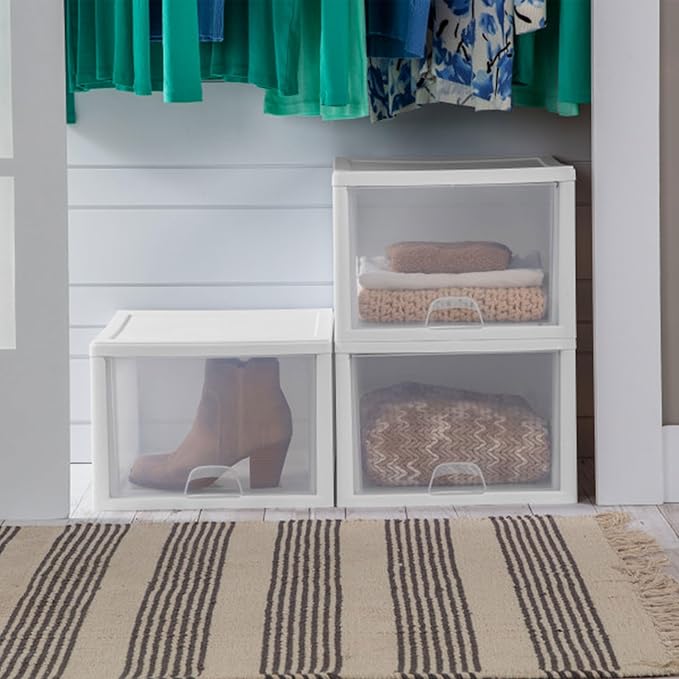 Sterilite 4-Pack 27 Quart Stacking Drawer, Clear Storage Closet Organizer, White Frame - Stackable Modular Plastic Drawers for Clothes, Accessories, Craft Supplies, Shoes or Linens