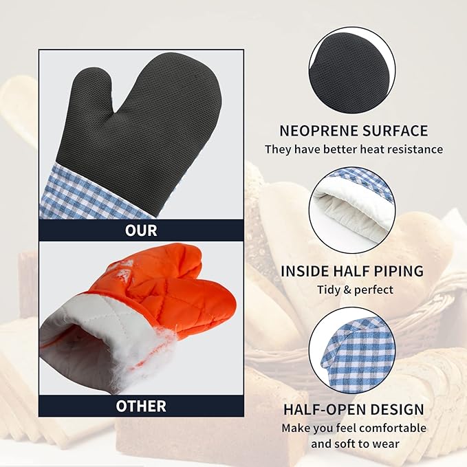 Oven Mitts and Potholders Gloves-Oven Mitts and Pot Holders (Blue Grid)