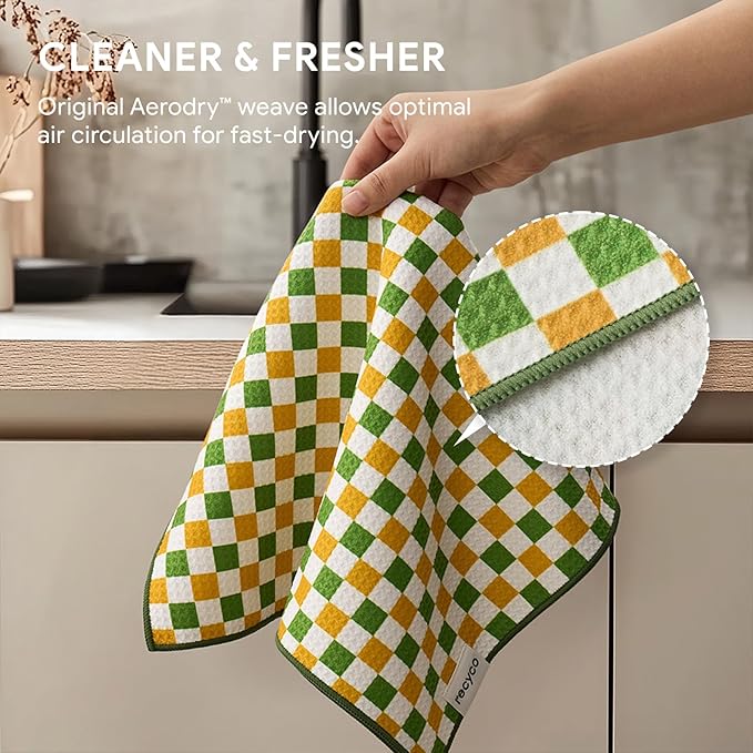 RECYCO Waffle Kitchen Towel Set of 2 - Quick Dry Microfiber Sustainable Dish Towels - Ultra Absorbent Reusable Cleaning Tea Towels - Lightweight Hand Towels,16”x 28”, Avocado Vibes