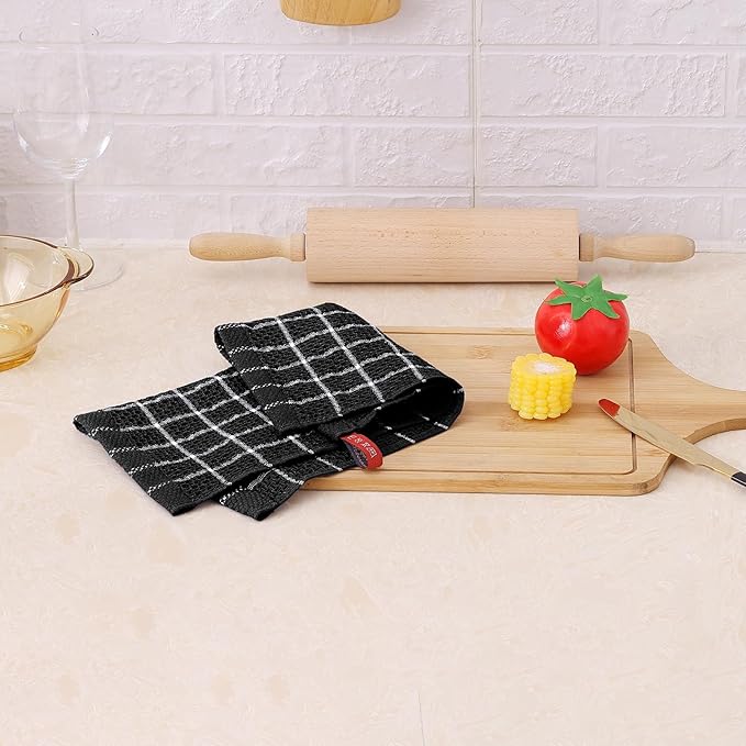 Homaxy 100% Cotton Dish Cloths, 8 Pack-12 X 12 Inches, Check Design Waffle Weave Dish Rags for Washing Dishes, Ultra Absorbent and Fast Drying Dishcloths, Black&White