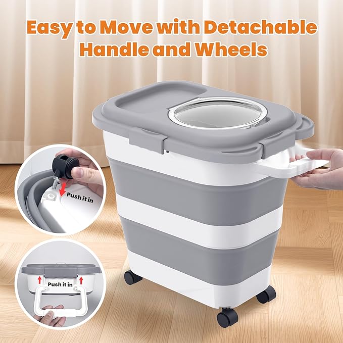 HOYTAMDAR 25-28lbs Dog Food Storage Container, Collapsible Dog Food Container, Wheels, Handle, Airtight Pet Food Storage Container, Scoop, Small Dry Container For Dog Cat Bird Food