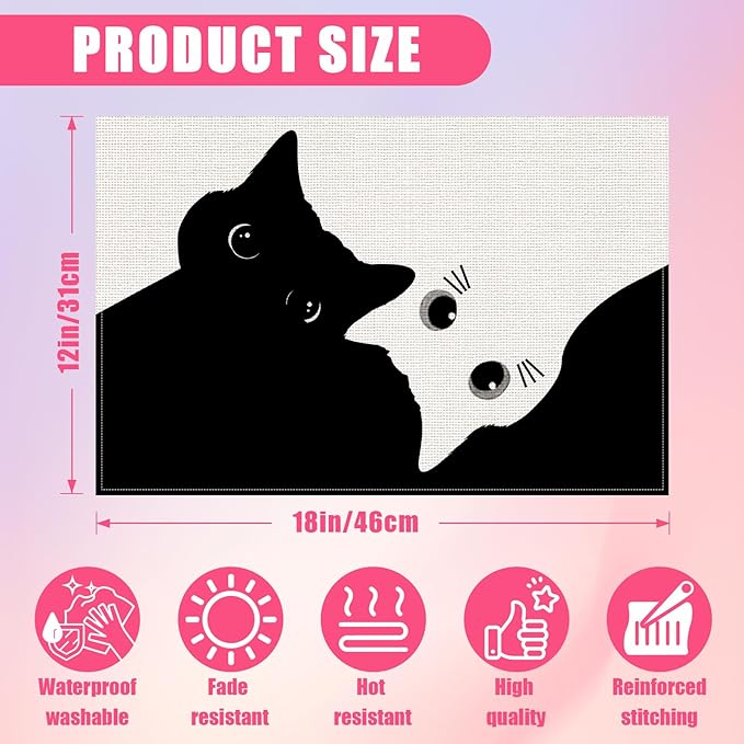 Cute Black White Cat Placemats Set of 6,12x18 Inch Animals Linen Place Mat Washable Stain Resistant Table Mats for Spring Summer Seasonal Farmhouse Kitchen Party Home Decor