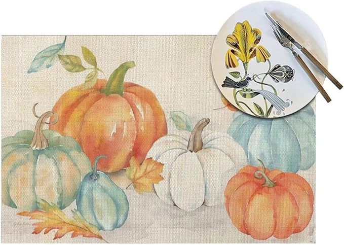 Fall Pumpkin Placemats 12x18 Inch Set of 4, Thanksgiving Watercolors Table Place Mat Maple Leaves Autumn Harvest Washable Table Mats Decorative Linen Fabric Table Mat for Dining Table