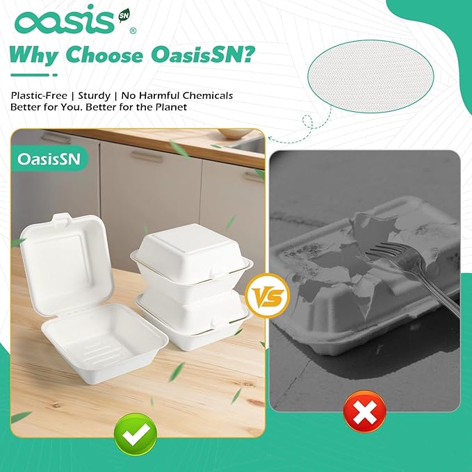 𝟲𝘅𝟲", 𝟭𝟮𝟴-𝗣𝗮𝗰𝗸 Compostable Clamshell Take Out Food Containers, Biodegradable Bagasse Paper To-Go Boxes for Burgers, Sandwiches, Eco-Friendly, Microwave & Freezer Safe (White, Small)