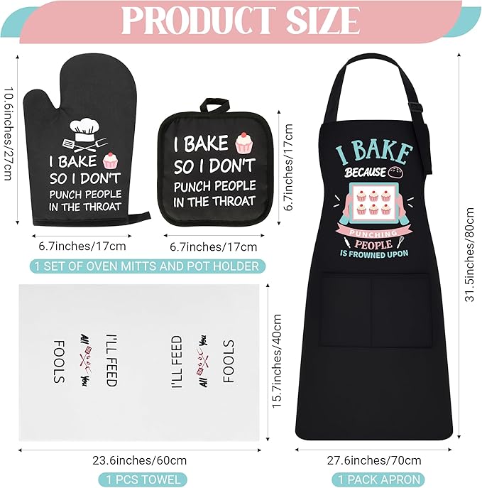 Defresit Funny Baking Apron Set for Women Men - Includes Baking Apron, Oven Mitts, Pot Holder, Kitchen Towel - Birthday Mothers Day Cooking Gifts for Baker, Mom, Wife | Thanksgiving, Christmas