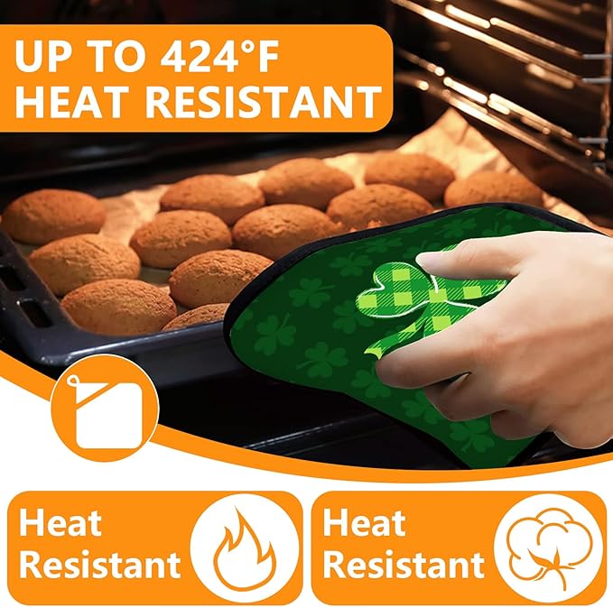 Green Clover Oven Mitts and Pot Holders Sets 4Pcs,Extra Long Oven Gloves Potholder for Kitchen Cooking Baking BBQ 100% Cotton Heat Resistant(St. Patrick's Day)