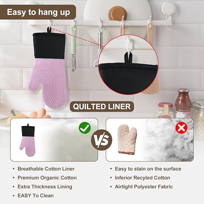Silicone Oven Mitts-13.6 in Extended Oven Mitts Heat Resistant 500F, Oven Gloves with Soft Liner Good Grippy BPA-Free Easy to Clean Flexible-Oven Mits Set for Cooking Baking Grilling BBQ